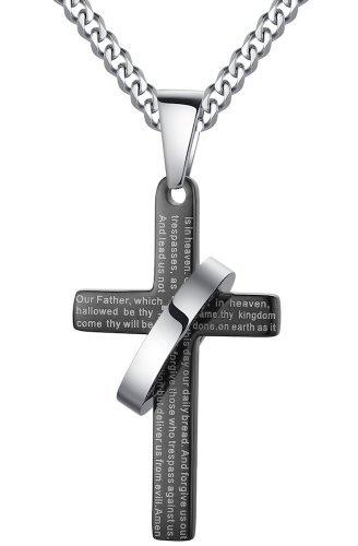 Arco-Iris-Schmuck-Herren-Anhnger-Halskette-Edelstahl-Kreuz-mit-Vaterunser-auf-Englisch-und-Ring-Verstellbaren-Panzerkette-Bibel-Gebet-0