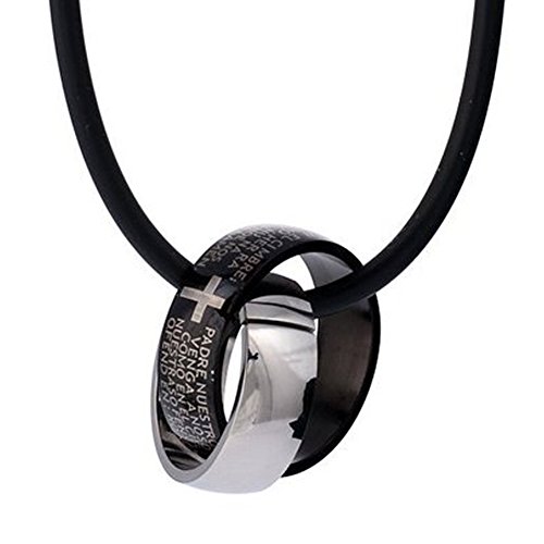 DonDon-Kautschuk-Halskette-mit-zwei-Edelstahl-Ringen-mit-Kreuzgravur-in-einem-schwarzen-Samtbeutel-0