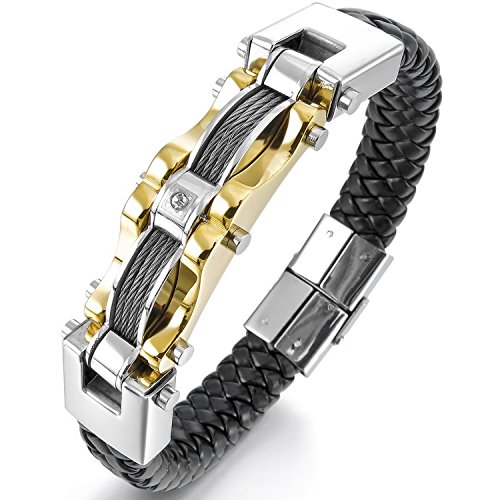 HITOP-Herren-Edelstahl-echtes-Leder-Armband-Armband-Stulpe-Kabel-CZ-Gold-Silber-Schwarz-Biker-Punk-Rock-Gold-Silber-Schwarz-0
