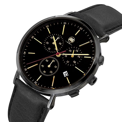 DMwatch Herrenuhren Schwarz Leder Armband 3ATM Wasserdicht Mode Und Weich Armbanduhr Mit Datum Und Chronograph Analoganzeige Quarz Watch