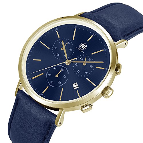 DMwatch Herrenuhren Blau Leder Uhrenarmband Und Watchcase Gold Lünette 3ATM Wasserresistenz Mode Analoganzeige Quarz Watch Mit Datum Und Chronograph