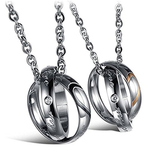 URBANSTYLES - Edelstahl Schmuck Partner-Kette für Verliebte - Paar Halskette mit Doppelt Ring Anhänger und Gravur für Sie und Ihn - "Real Love"